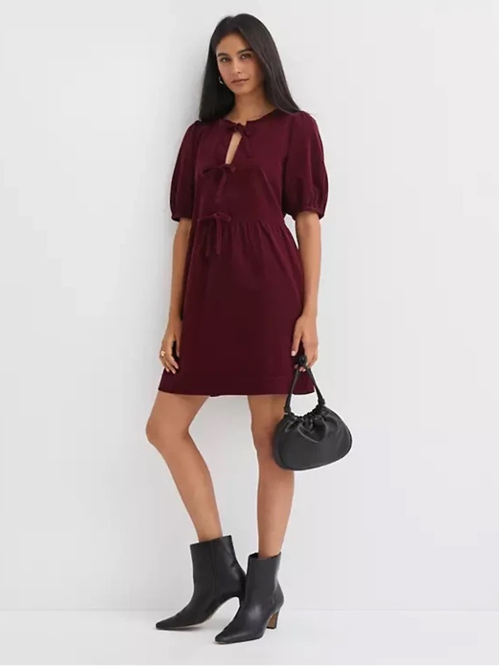 Loft Burgundy Tie-Front Bow Puff Sleeve Mini Dress Winter Fall Chic M